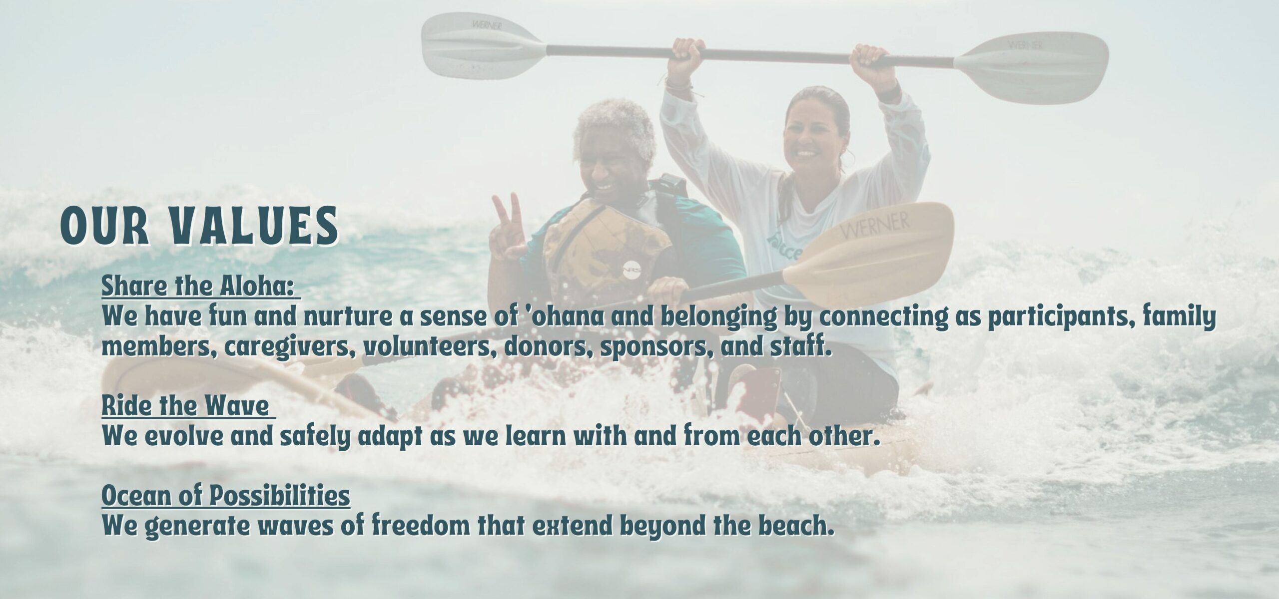 Our Values: Share the Aloha: We have fun and nurturea sense of 'Ohana and belonging by connecting as participants, family members, caregivers, volunteers, donors, sponsors, and staff. Ride the Wave: We evolve and safely adapt as we learn with and from each other. Ocean of Possibilities: We generate waves of freedom that extend beyond the beach.